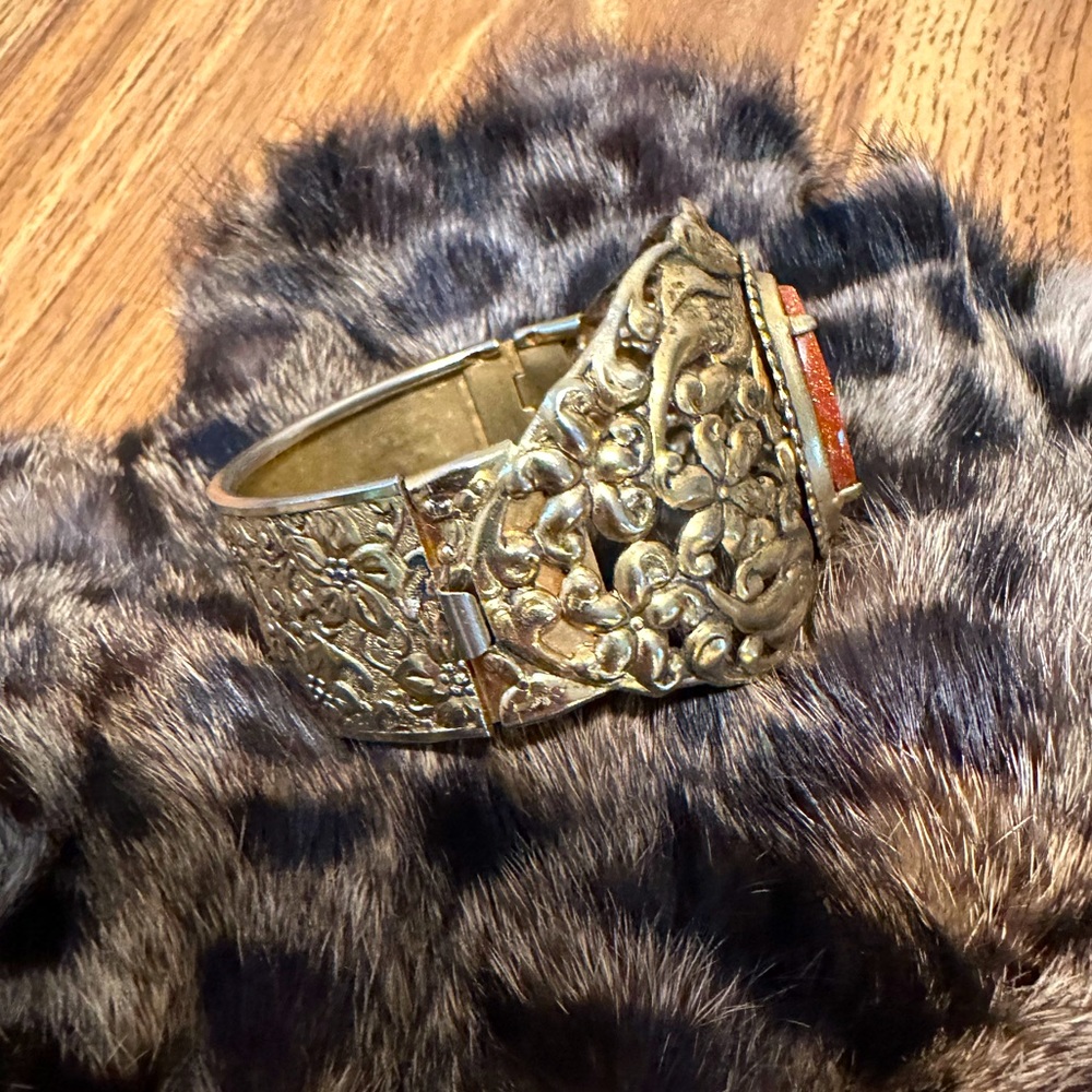 Ornate Antique Brass Cuff With Goldstone Gem - image 4